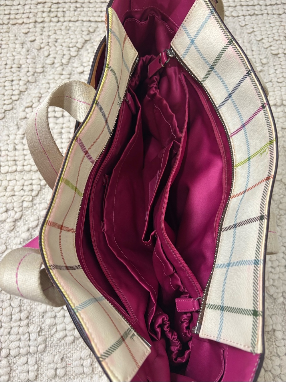 Coach Cream Plaid Canvas Tote with Pink Center Stripe and Tan Trim - Picture 9 of 14
